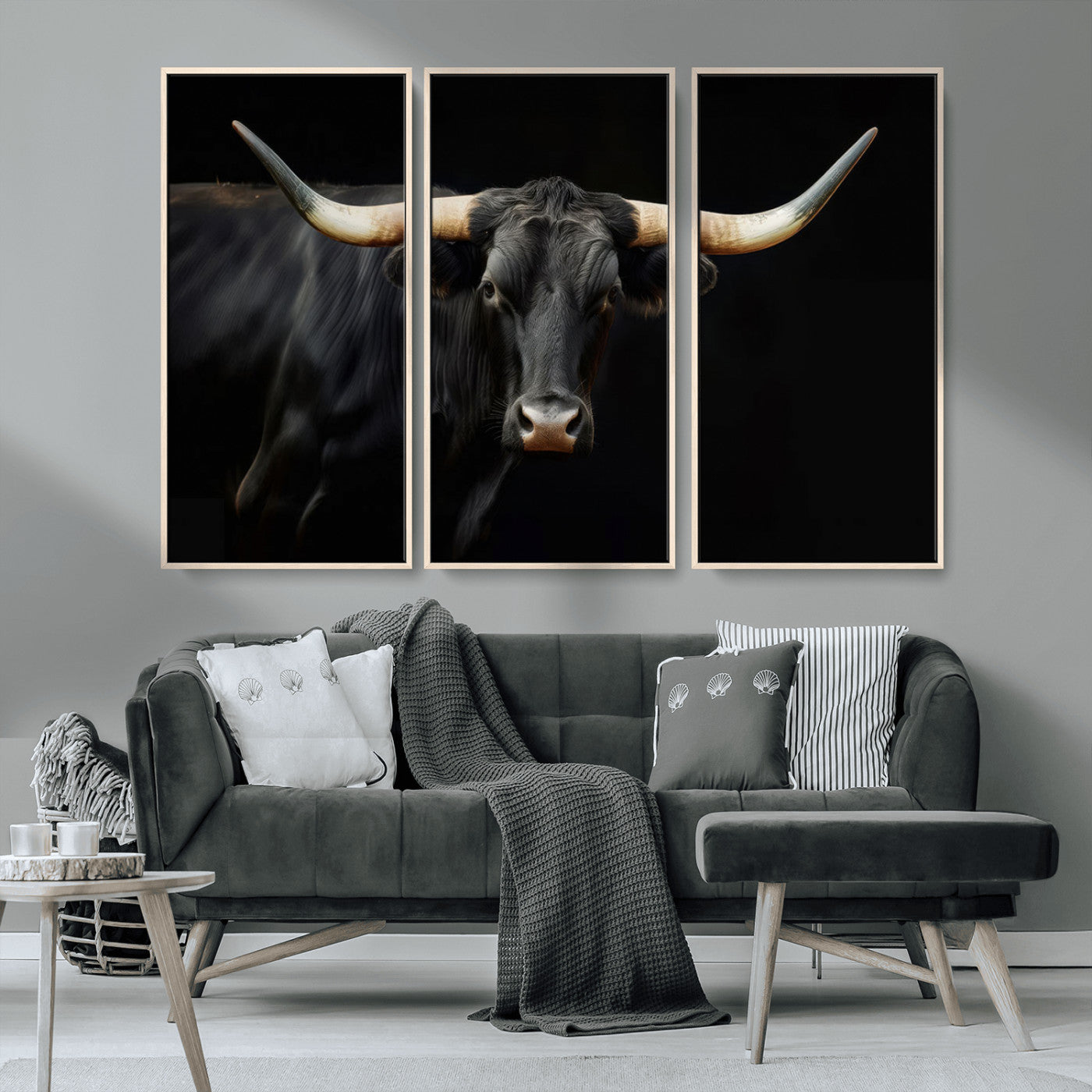 MGV-FC-48X32-3P - Texas Longhorn Cow | Majestic Black Bull Wall Art Canvas Print - Farmhouse Animal Decor - Ready to