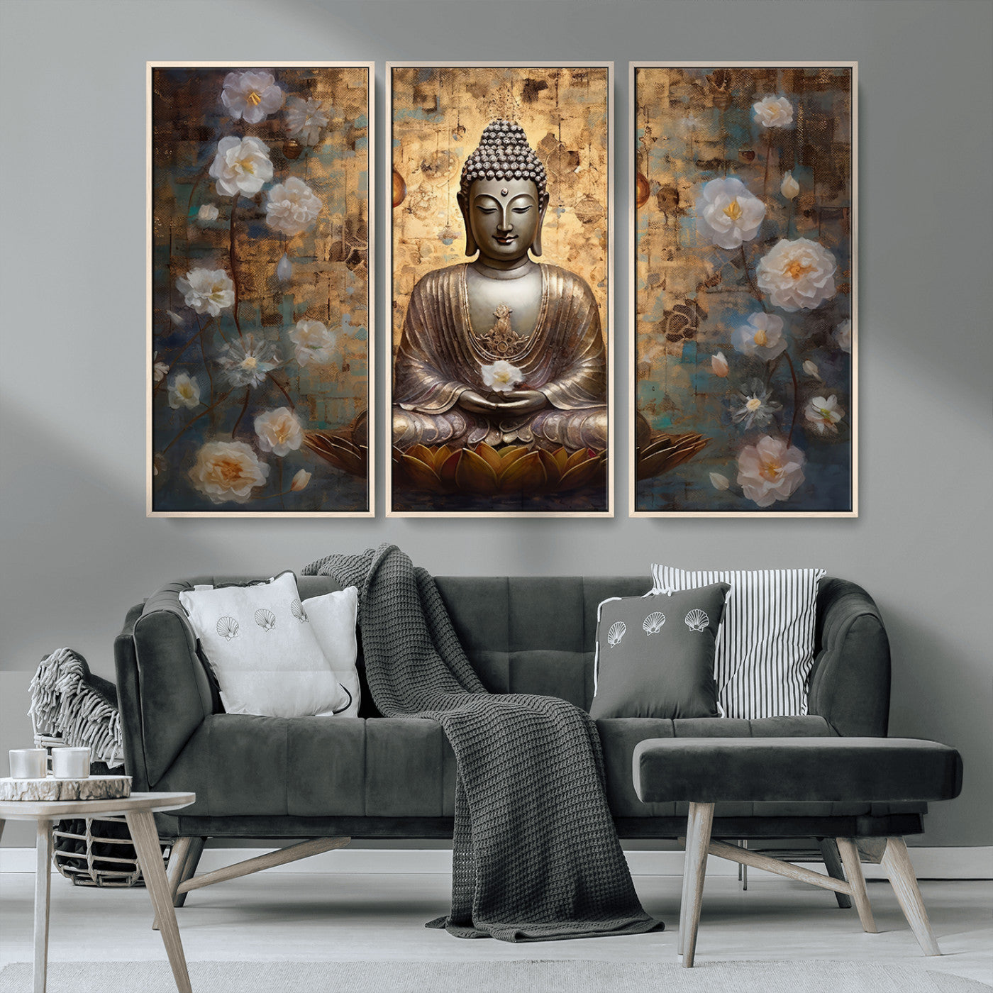 MGV-FC-48X32-3P - Golden Buddha Wall Art Canvas Print | Zen Meditation Floral Decor | Tranquil Spiritual Home Art |