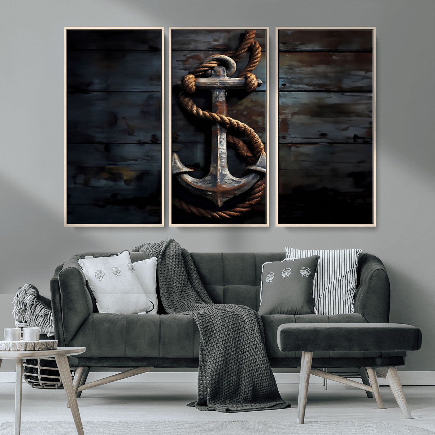 MGV-FC-48X32-3P - 3 Panel Grunge Abstract Anchor Wall Art Canvas Print Set