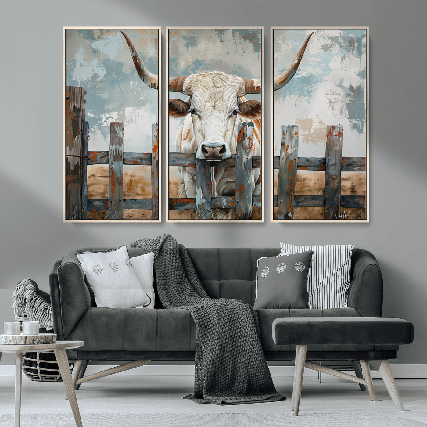 MGV-FC-48X32-3P - Vintage Cow Wall Art Canvas Print for Farmhouse Wall Decor Theme, Cattle Wall Art Print