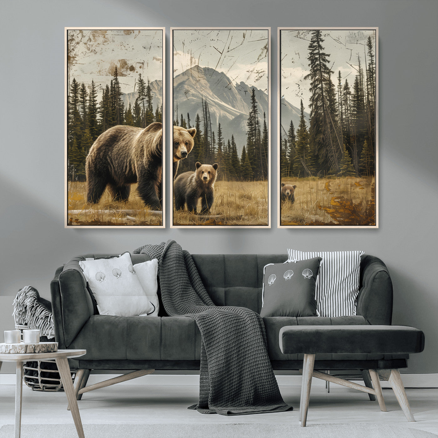 MGV-FC-48X32-3P - Rustic Grizzly 399 Bear Family Wall Art Canvas Print