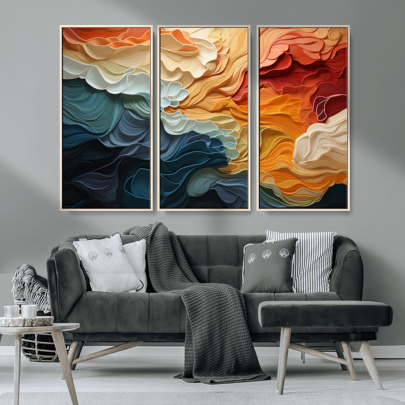 MGV-FC-48X32-3P - Blue Orange Abstract Wave Wall Art Canvas Print, Framed Blue Orange Wave Wall Art