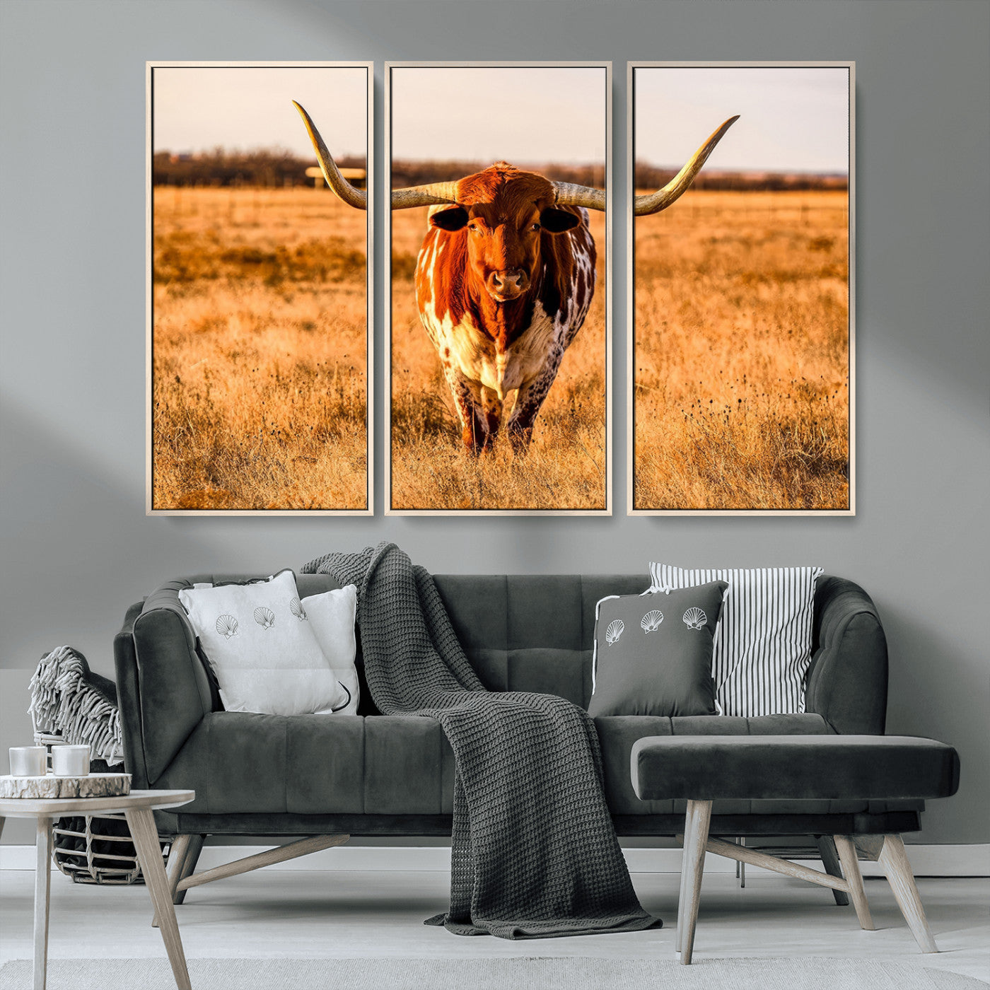 MGV-FC-48X32-3P - Longhorn Cow Wall Art | Ready to Hang Framed Canvas Print for Farmhouse and Barn Decor