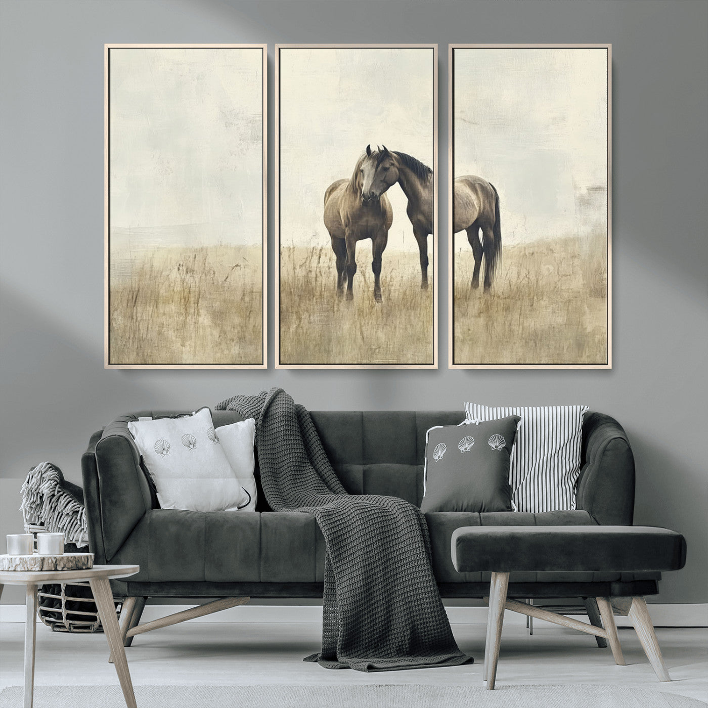 MGV-FC-48X32-3P - Chines Style Grunge Horses Wall Art Canvas Print