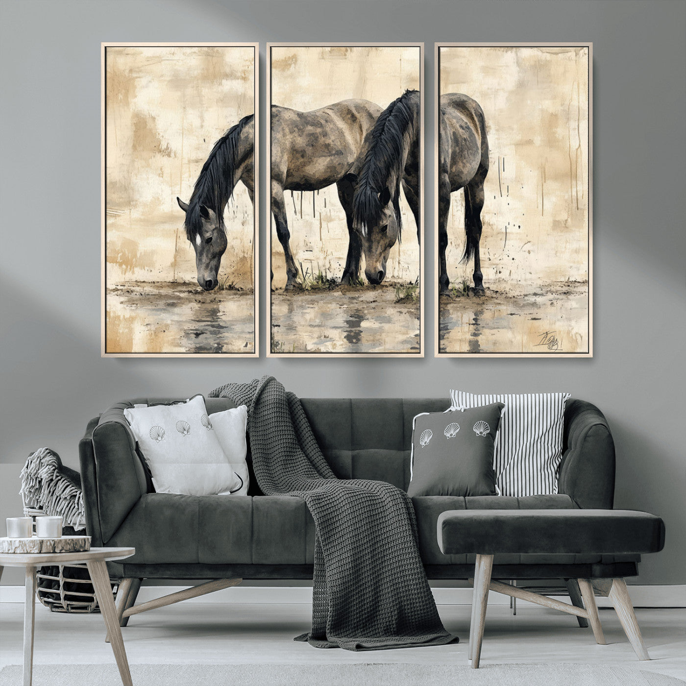 MGV-FC-48X32-3P - Chinese Style Abstract Black Horses Wall Art Canvas Print - Abstract Horse Wall Art Canvas Print