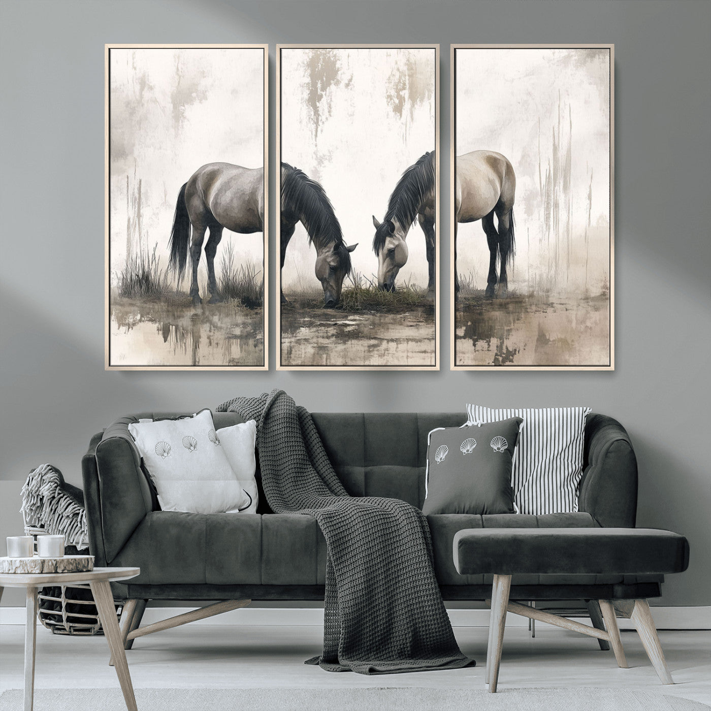 MGV-FC-48X32-3P - Chines Ink Style Vintage Horses Wall Art Canvas Print for Farmhouse Wall Decor