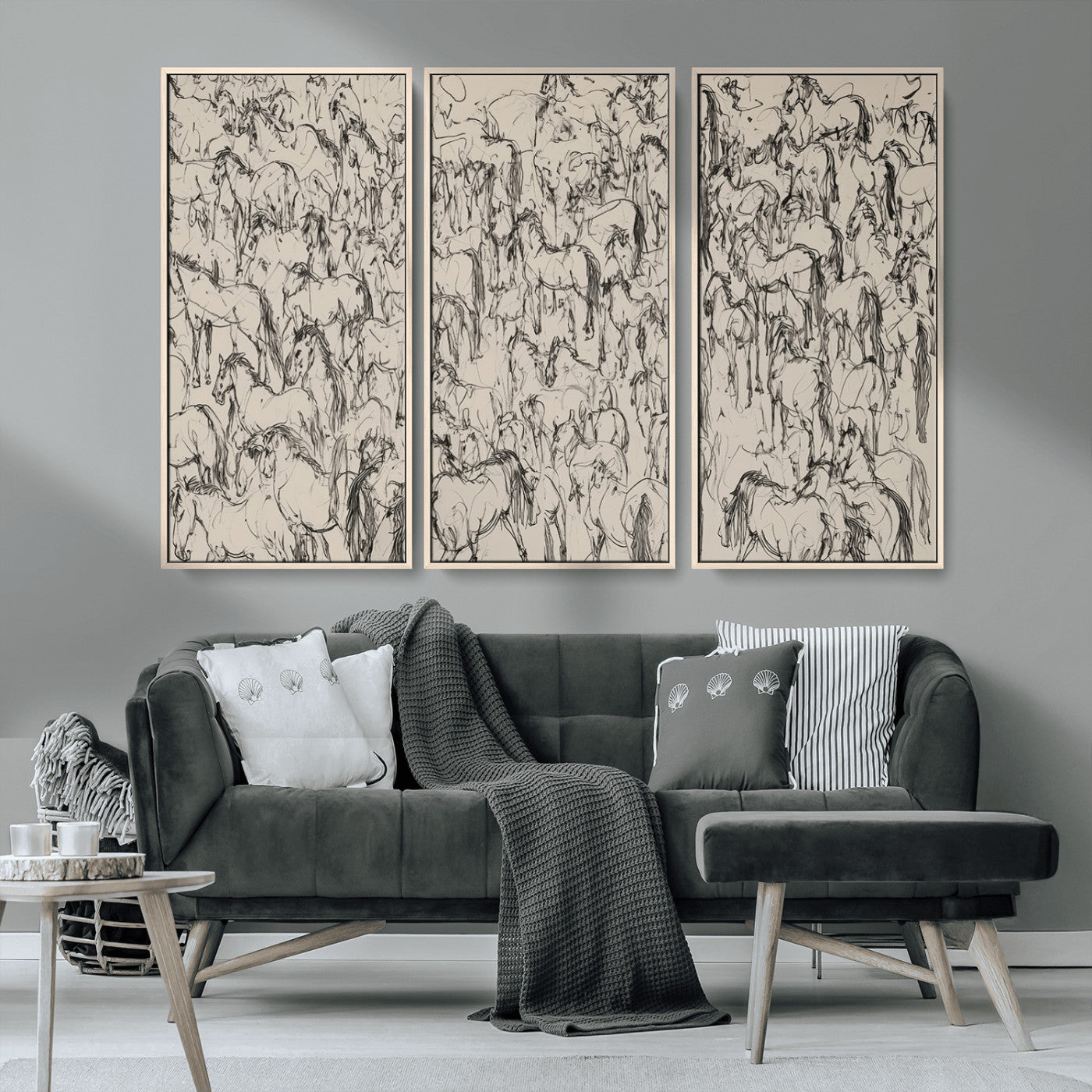 MGV-FC-48X32-3P - Abstract Horse Sketch Wall Art | Ready to Hang and Framed | Farmhouse Wall Decor for Living Room or