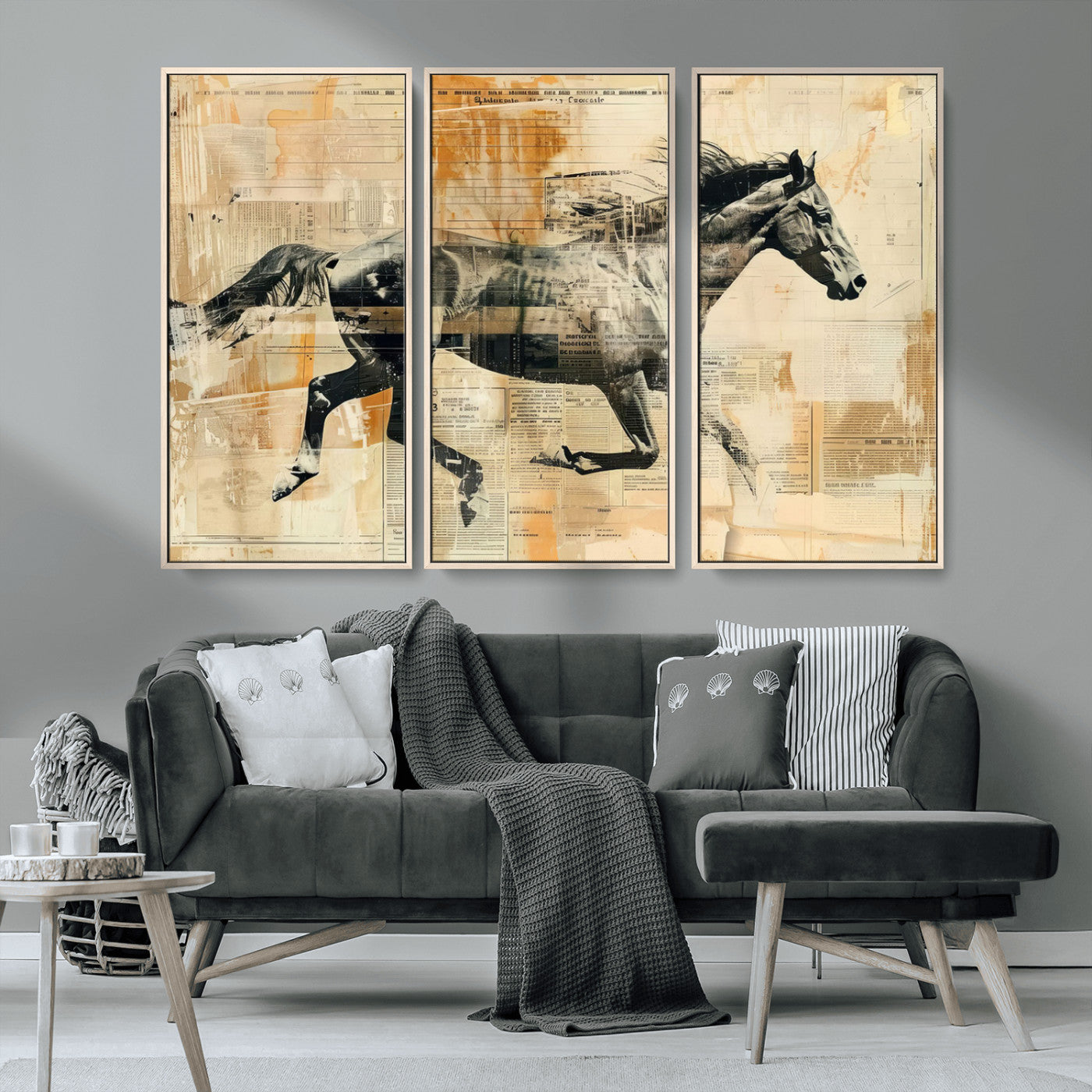 MGV-FC-48X32-3P - Chines Style Running Horse Western Wall Art | Farmhouse Wall Decor | Ready to Hang Framed Canvas