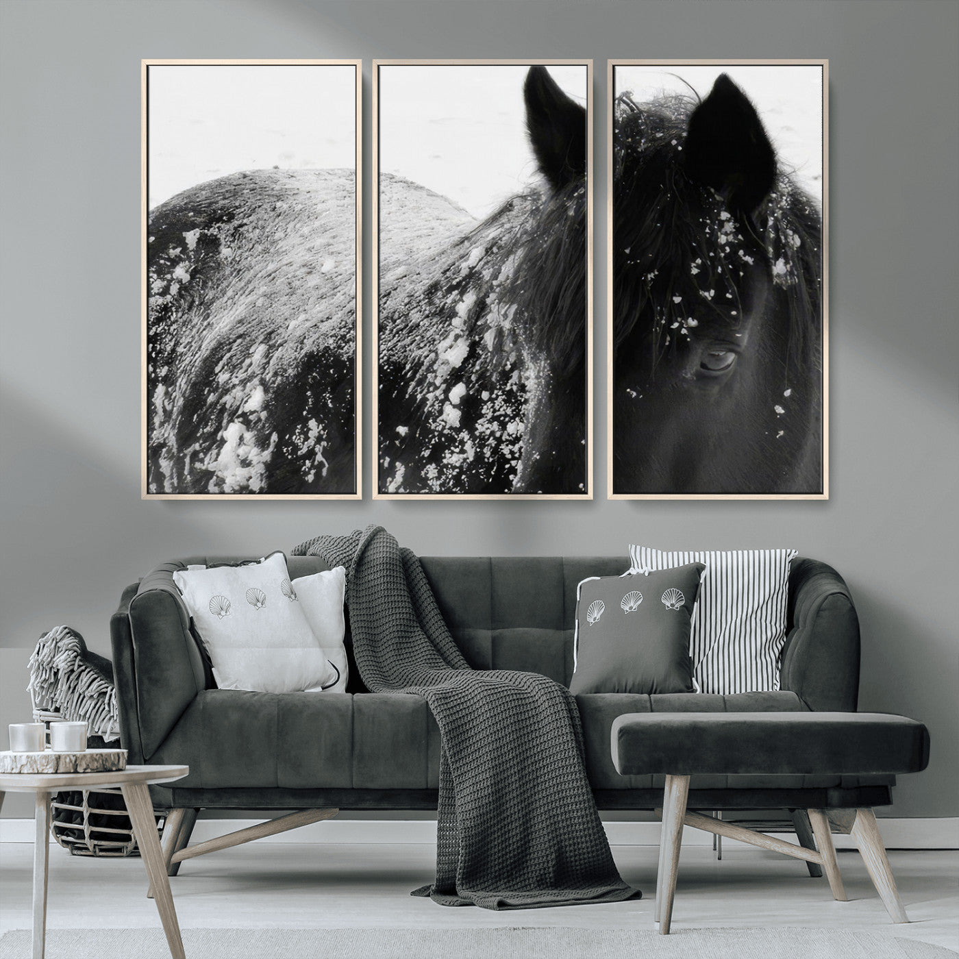 MGV-FC-48X32-3P - Black Horse in Snow Canvas Print | Winter Horse Wall Art | Ready to Hang and Framed | Farmhouse Wall