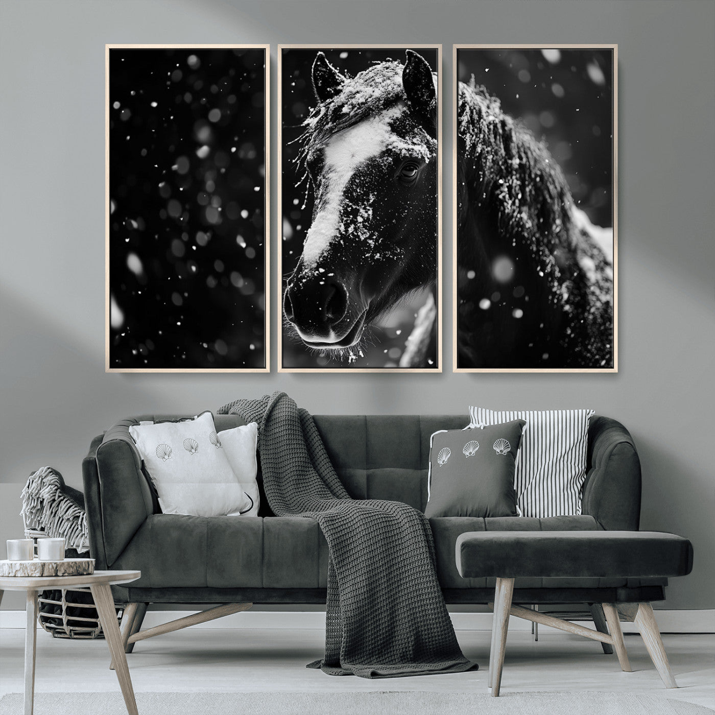 MGV-FC-48X32-3P - Winter Horse Wall Art | Black and White Horse Print | Ready to Hang and Framed | Farmhouse Wall Art