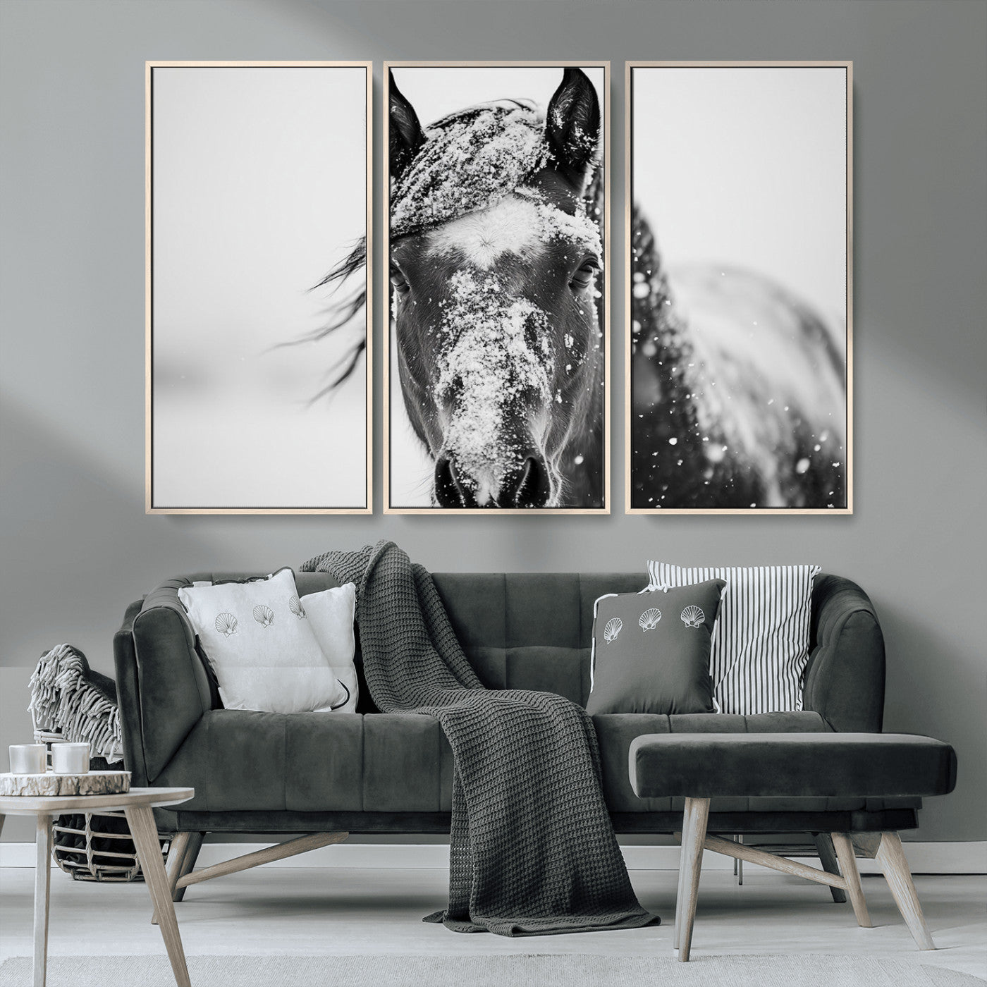 MGV-FC-48X32-3P - Western Wall Art | Black and White Winter Horse Wall Art | Ready to Hang and Framed | Farmhouse and