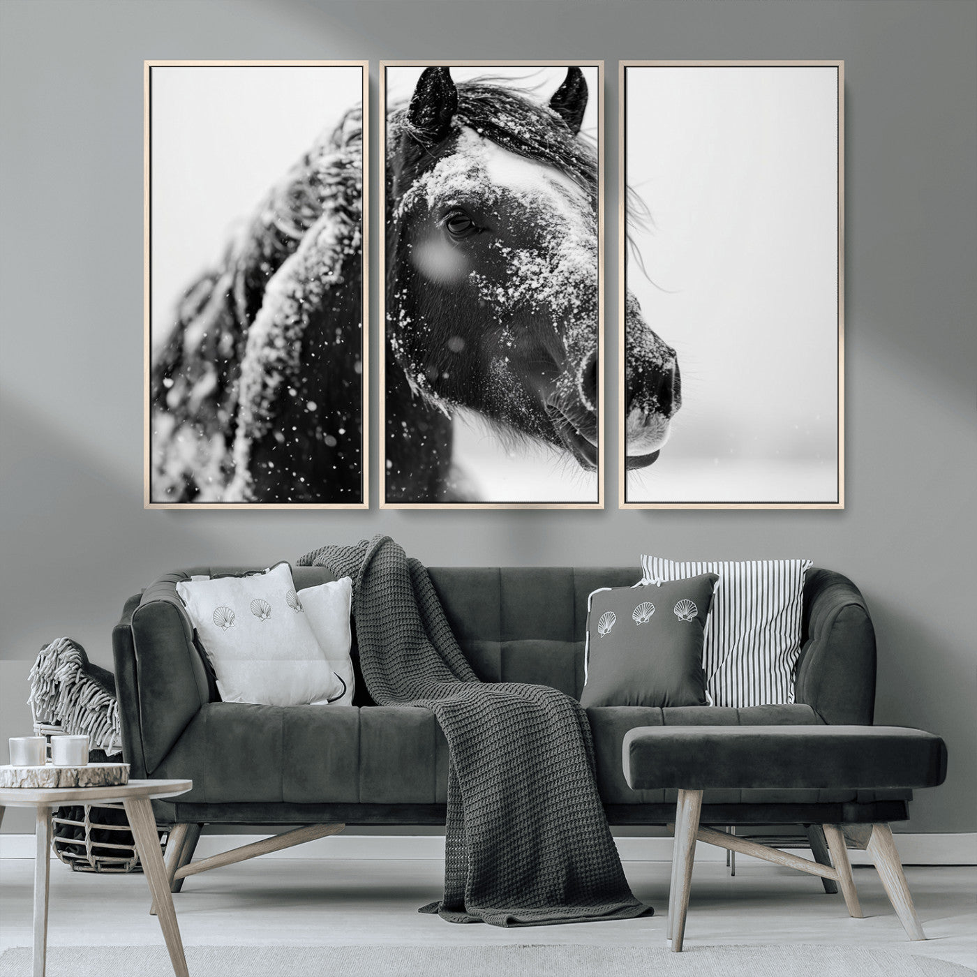 MGV-FC-48X32-3P - Winter Horse Canvas Print | Large 3-Panel Black White Equine Photography for Rustic Farmhouse Wall