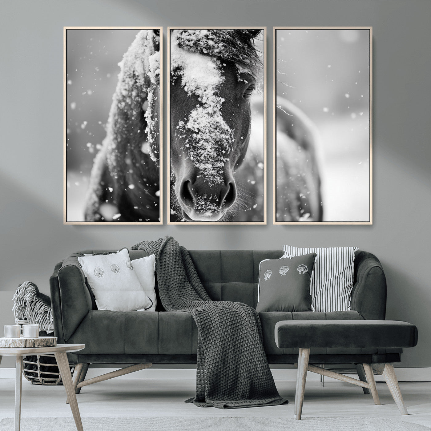 MGV-FC-48X32-3P - Black and White Horse Winter Wall Art | Ready to Hang and Framed | Farmhouse Wall Decor | Western