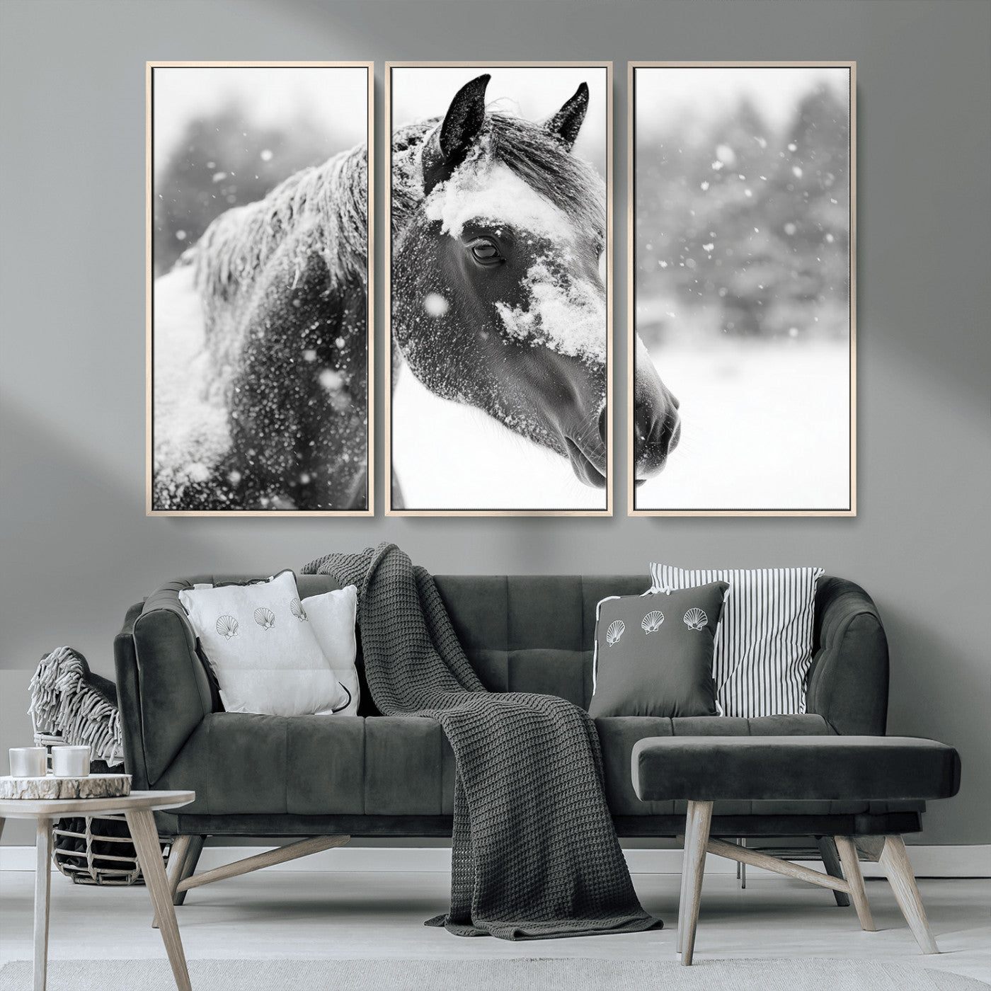 MGV-FC-48X32-3P - Black Horse Winter Wall Art | Ready to Hang and Framed | Farmhouse and Western Wall Decor for Living