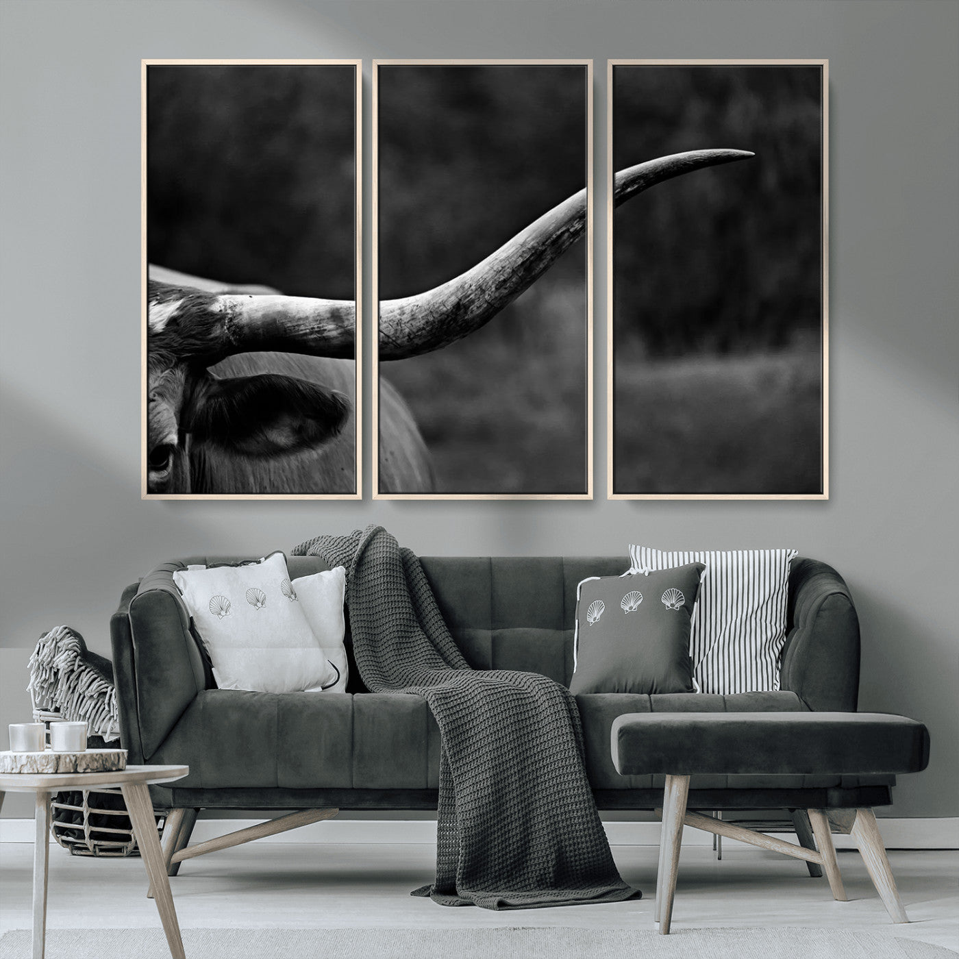 MGV-FC-48X32-3P - Cow Longhorn Wall Art | Black and White Print | Ready to Hang and Framed | Farmhouse Wall Decor |