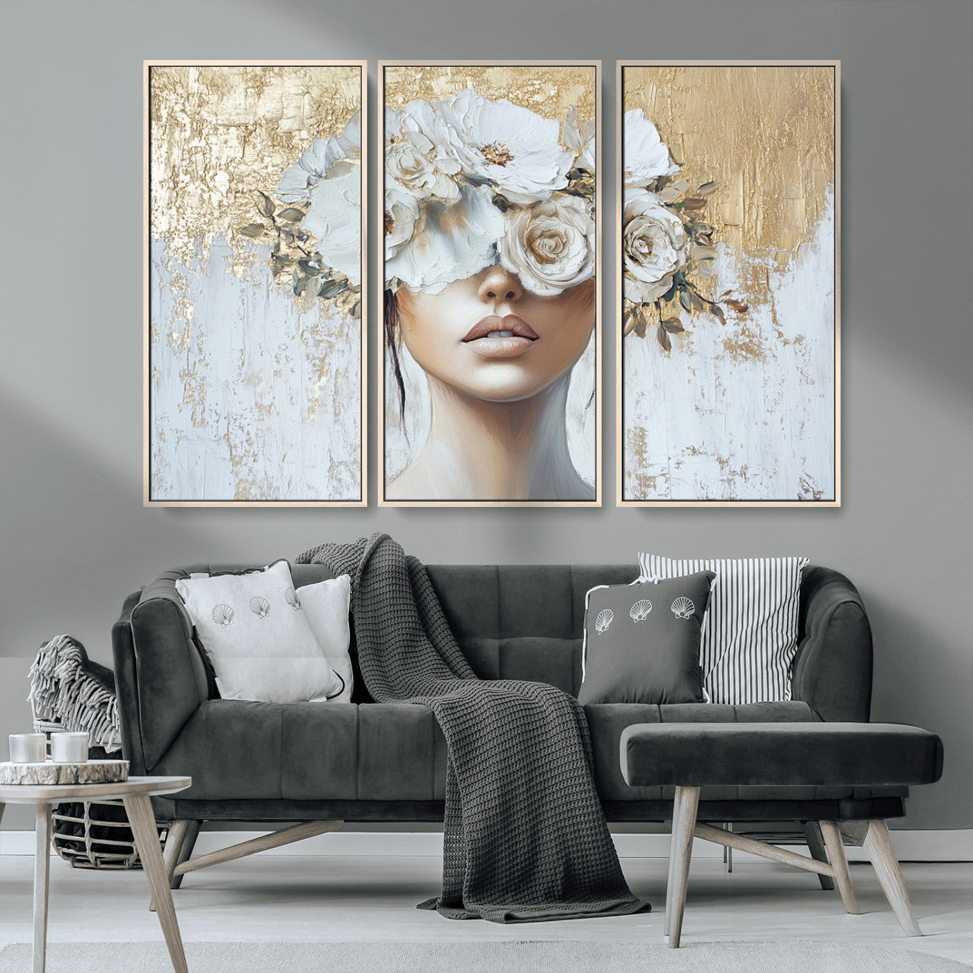 MGV-FC-48X32-3P - Golden Petal Wall Art - Canvas Print Flower Head Woman Painting Floral Woman Portrait Wall Decor,