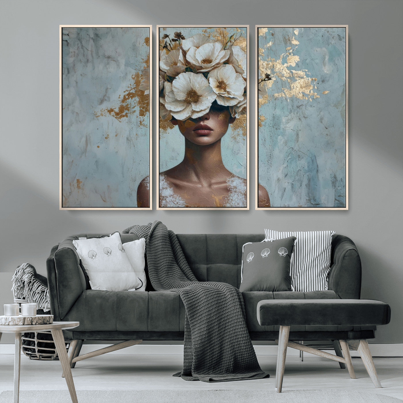 MGV-FC-48X32-3P - Golden Petal Wall Art - Petal Silhouette Woman Wall Art Canvas Print | Large 3-Panel Canvas with