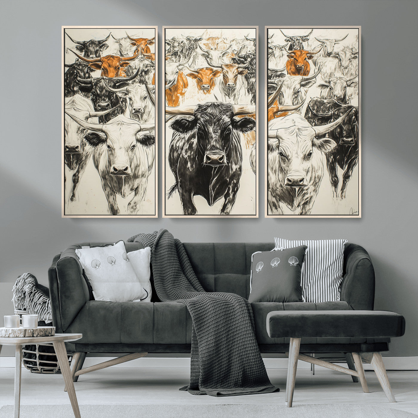 MGV-FC-48X32-3P - Texas Longhorn Wall Art - Herd Canvas Wall Art Print - Abstract Cow Drawing Wall Art Print for