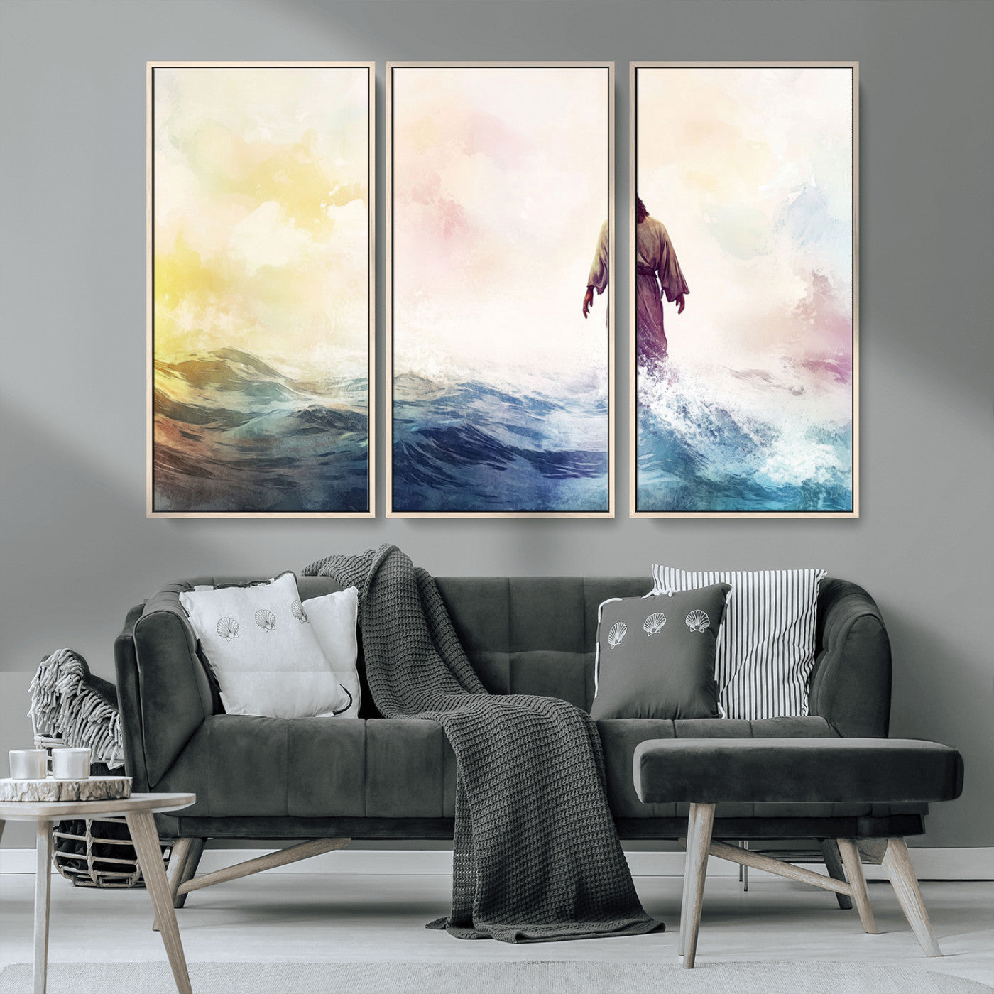 MGV-FC-48X32-3P - Watercolor Jesus Walking on Water Canvas Print, Christian Wall Art, Jesus Christ Walking