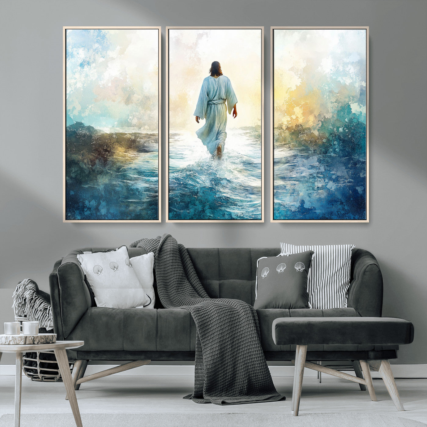 MGV-FC-48X32-3P - Watercolor Jesus Walking on Water Canvas Print, Christian Wall Art, Jesus Christ Walking