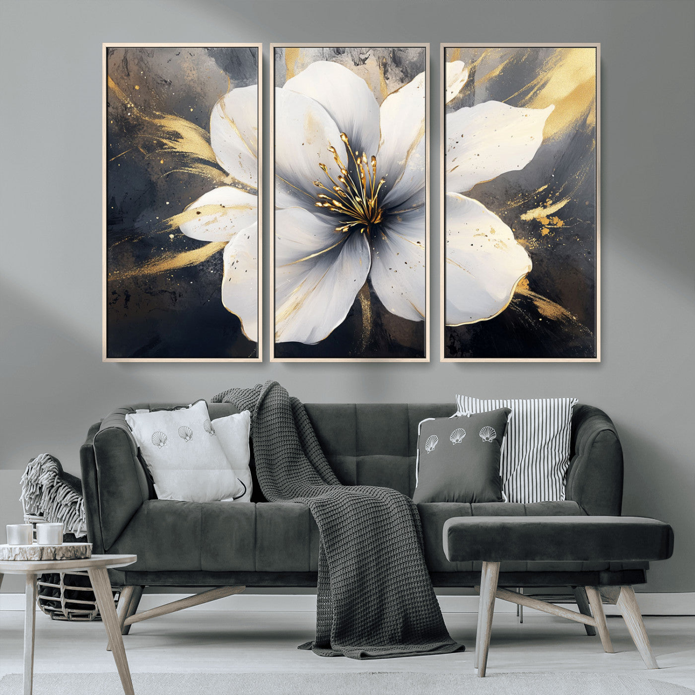 MGV-FC-48X32-3P - White Flower Wall Art Canvas Print | Ready to Hang | Abstract Floral Wall Decor | Elegant Bloom