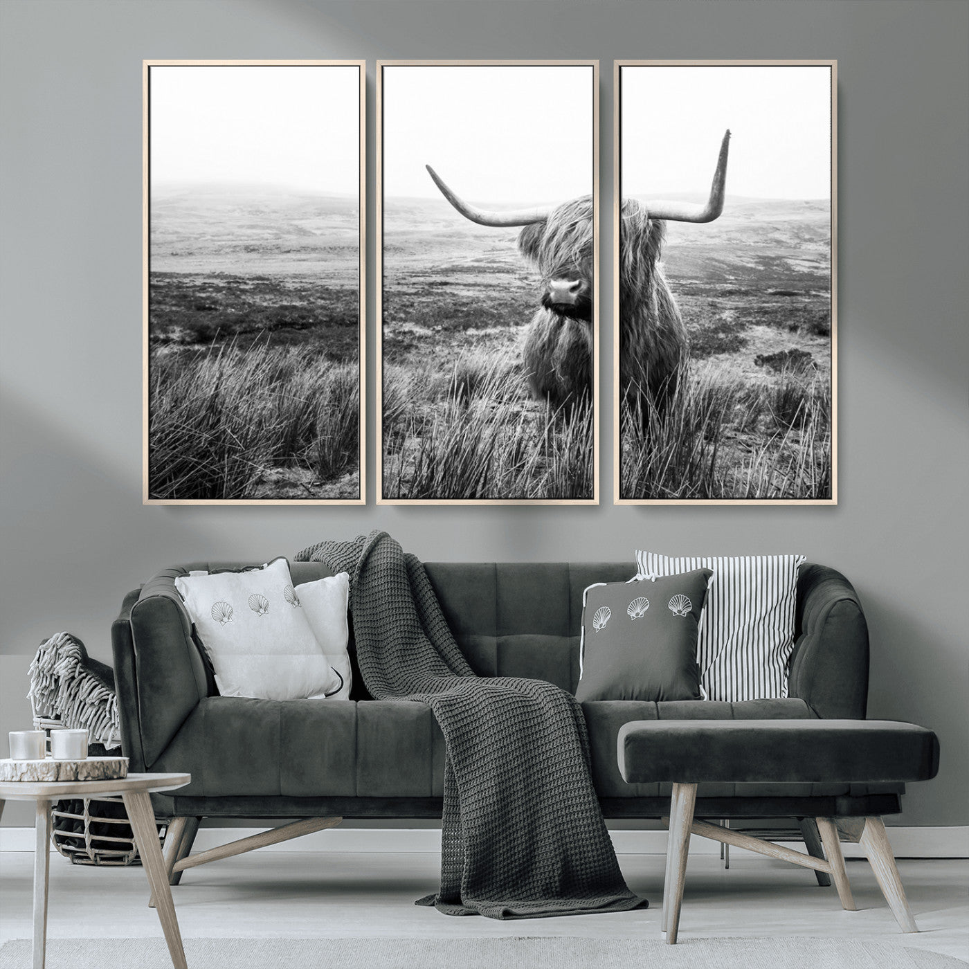 MGV-FC-48X32-3P - Scottish Highland Cow Wall Art | Black and White Canvas Print | Ready to Hang and Framed | Rustic