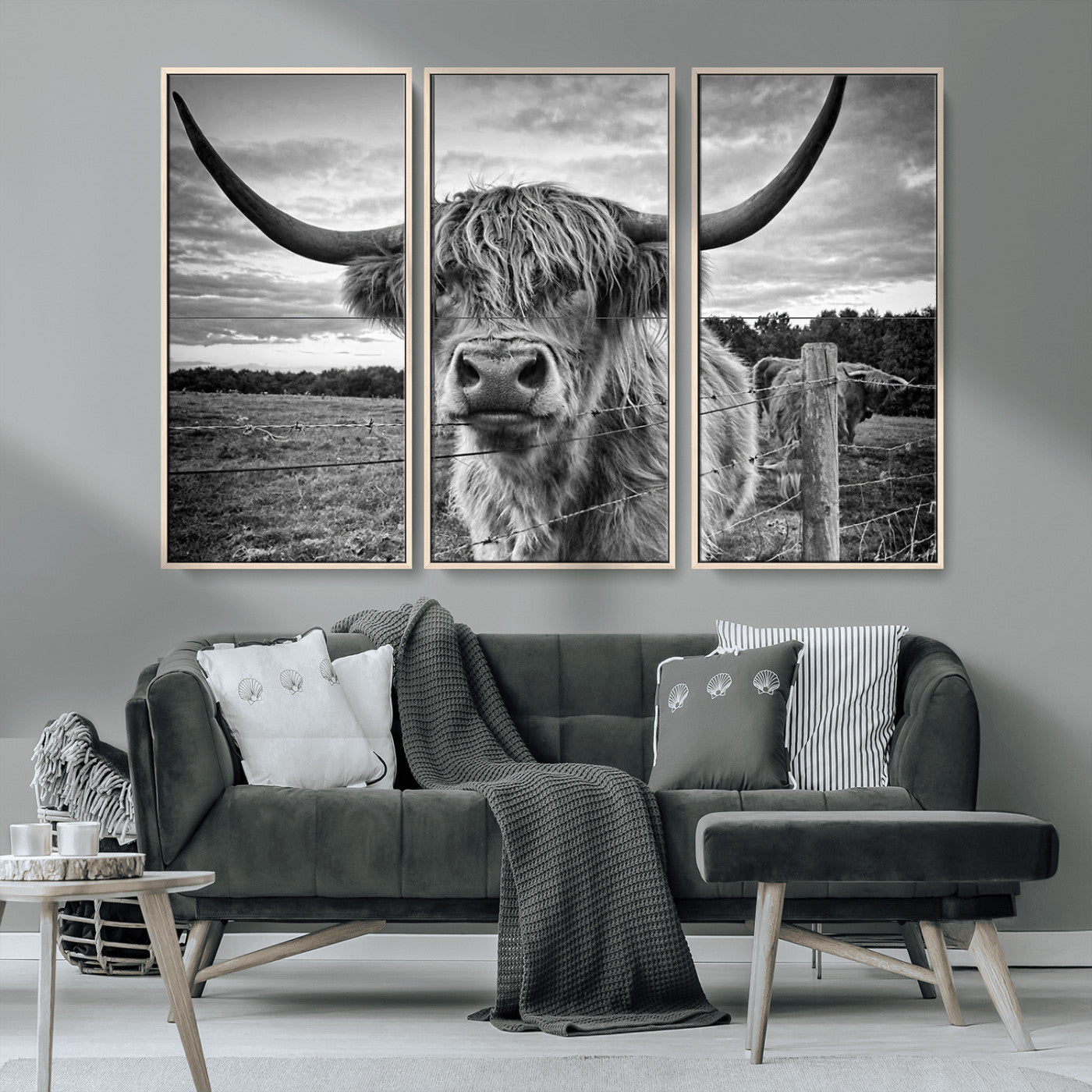 MGV-FC-48X32-3P - Scottish Highland Cow Wall Art Canvas Print | Ready to Hang and Framed | Rustic Farmhouse Decor