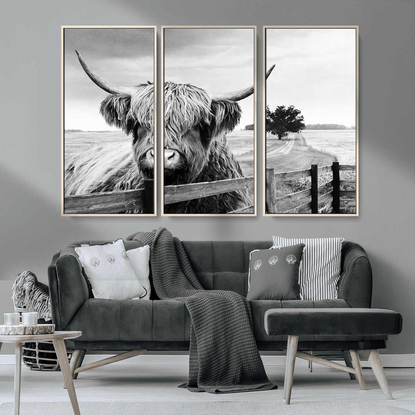 MGV-FC-48X32-3P - Scottish Highland Cow Wall Art | Rustic Farmhouse Décor | Black and White Ready to Hang Canvas Print