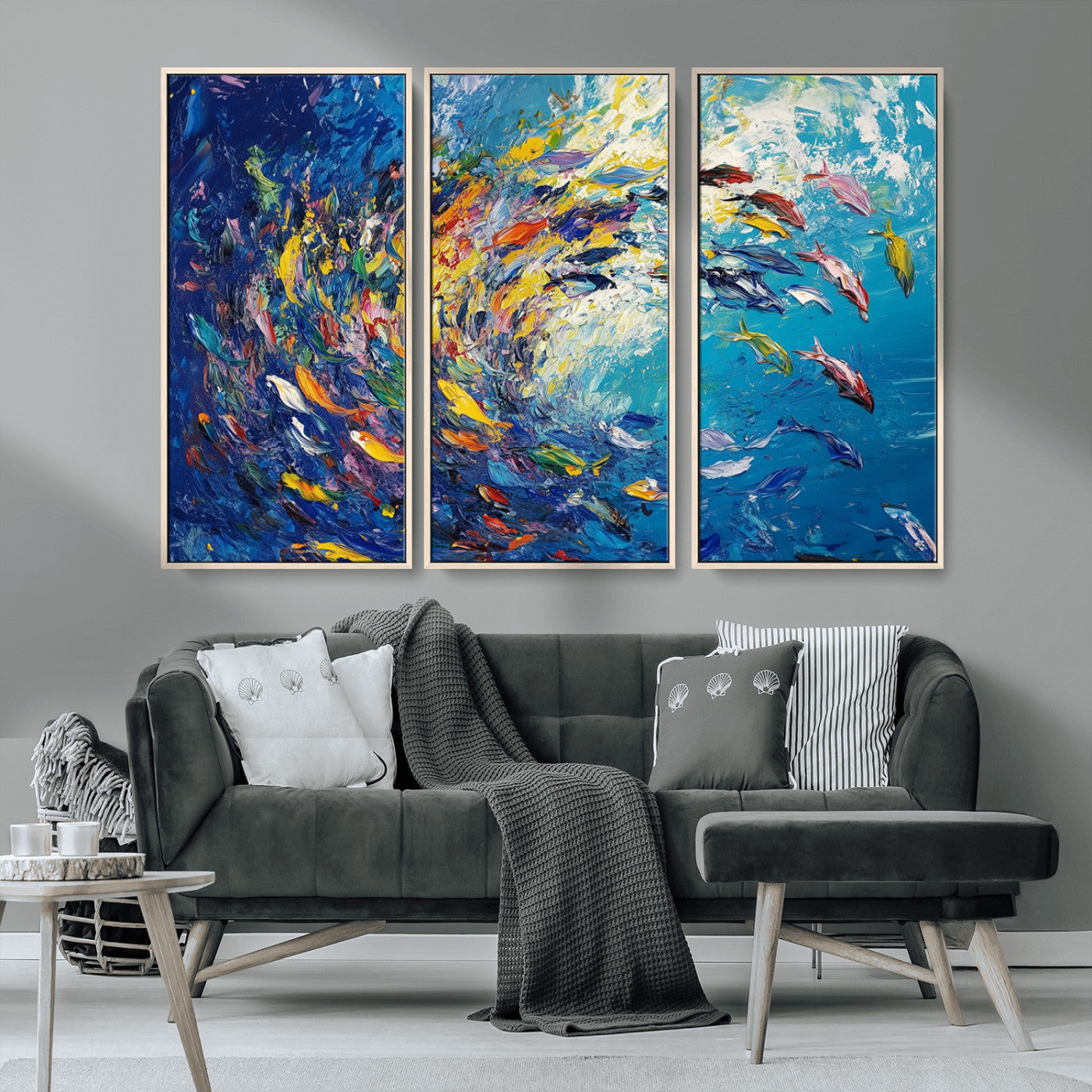MGV-FC-48X32-3P - Colorful Swirling Fish School Wall Art Canvas Print | Oceanic Abstract Painting | Ready to Hang |