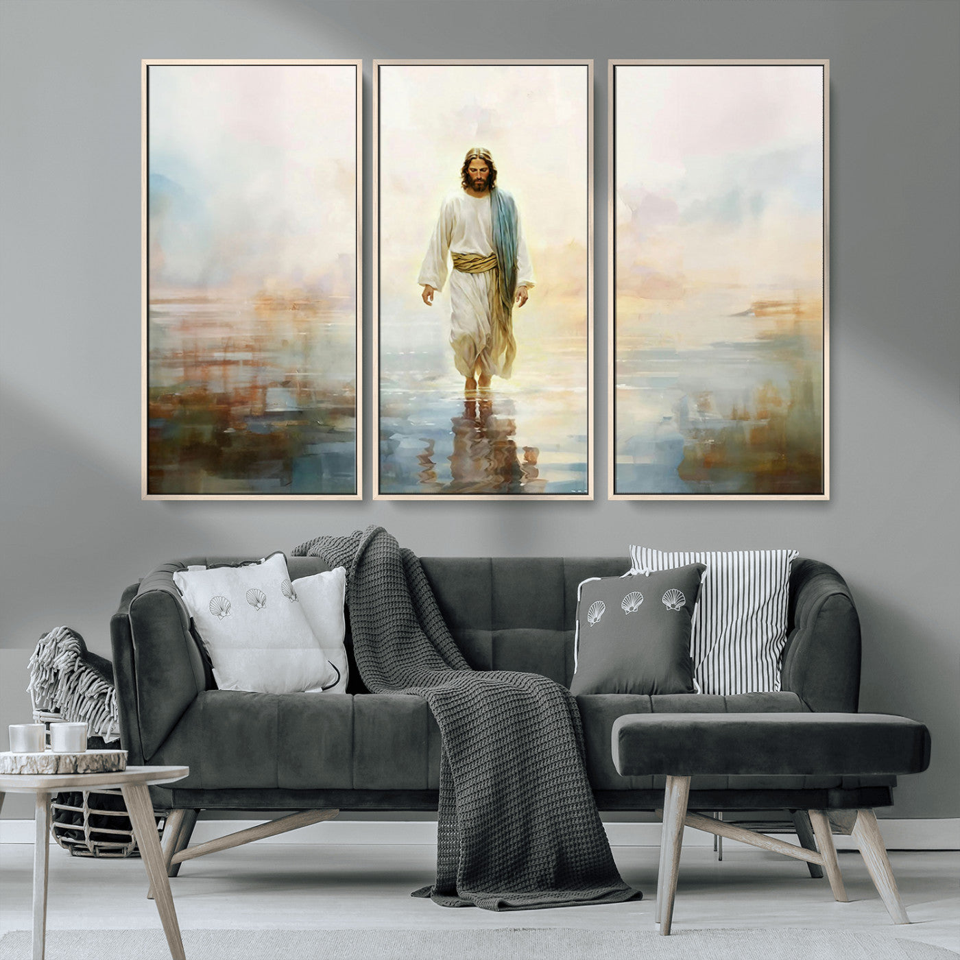 MGV-FC-48X32-3P - Framed Jesus Walking on Water Wall Art - 3-Panel Christian Canvas Prints, Religious Artwork for