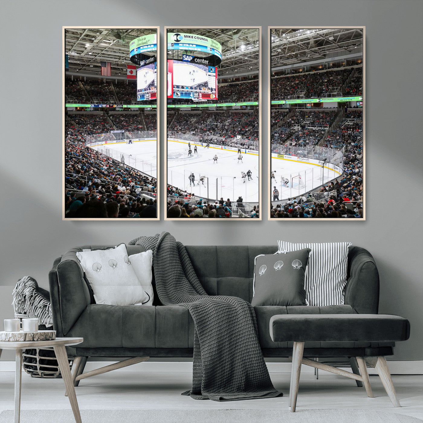 MGV-FC-48X32-3P - Sharks Arena Blackhawks Sharks Ice Hockey Stadium Wall Art Canvas Print, Framed Blackhawks Sharks