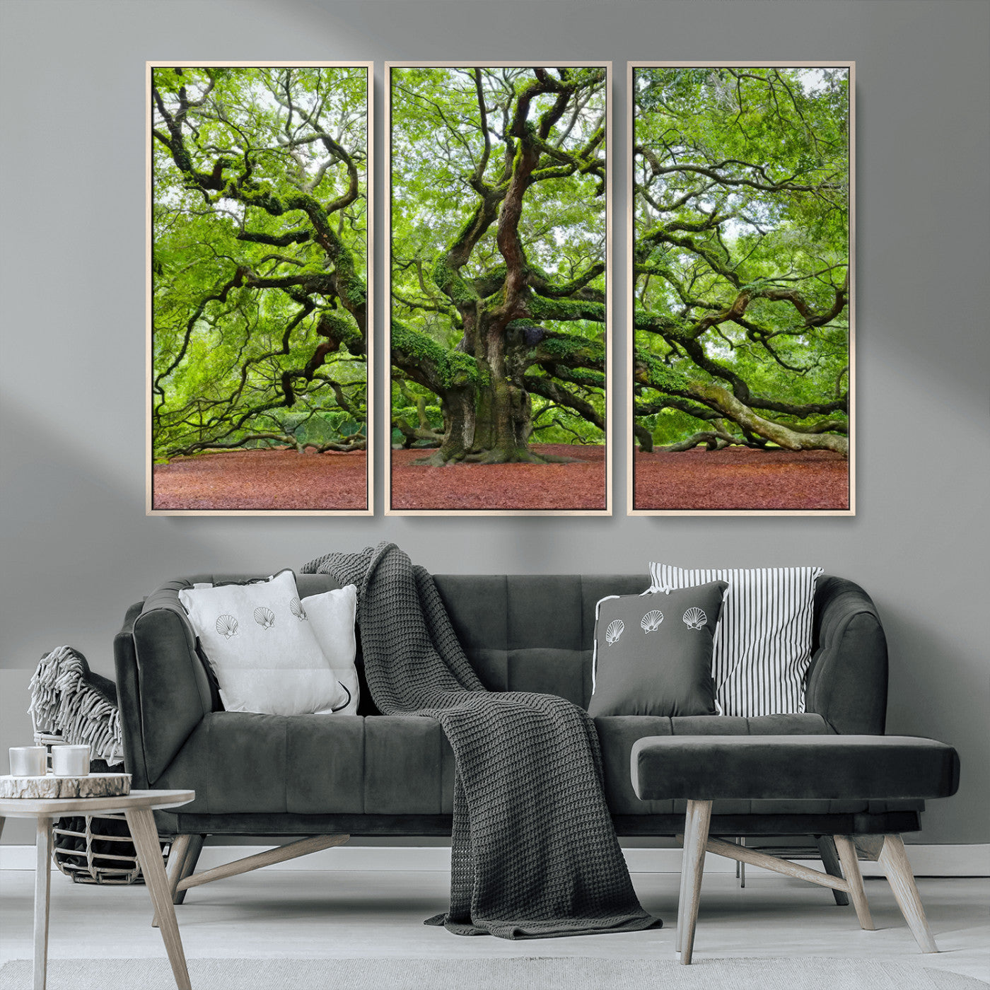 MGV-FC-48X32-3P - Framed Angel Oak Tree Wall Art - 3-Panel Canvas Prints, Large Green Nature Artwork, Ready to Hang
