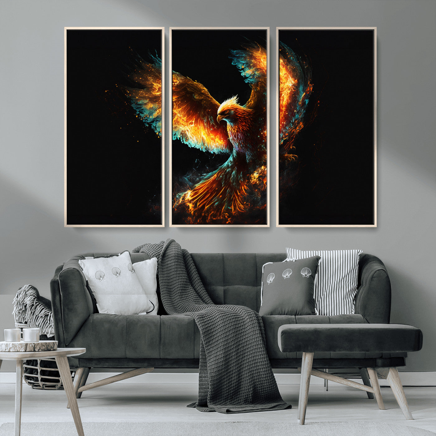 MGV-FC-48X32-3P - Fiery Phoenix Canvas Print | Ready to Hang Wall Art | Bold Fantasy Decor for Living Room | Majestic