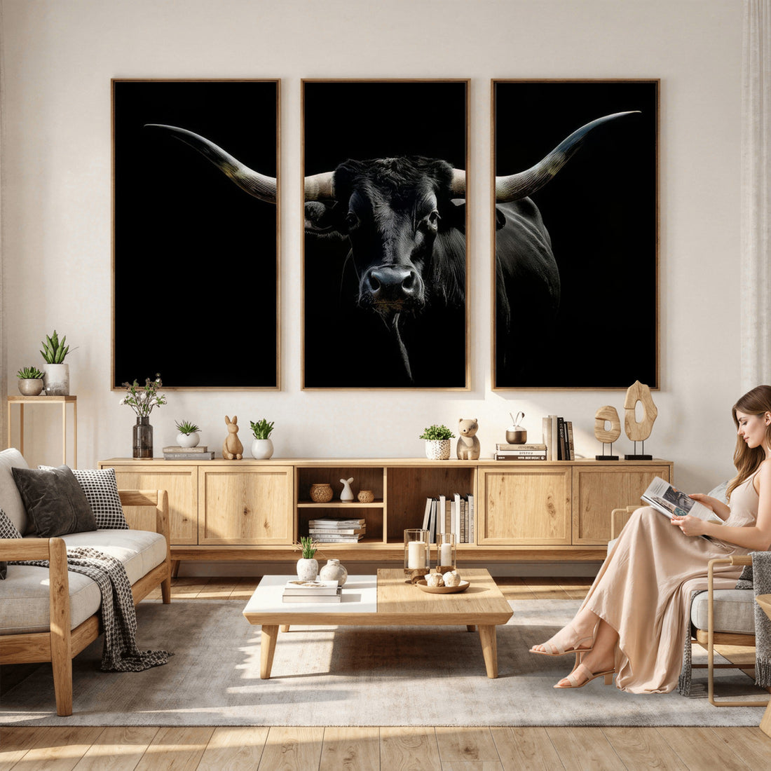 Texas Longhorn Canvas Wall Art, Rustic Western Longhorn Bull Print