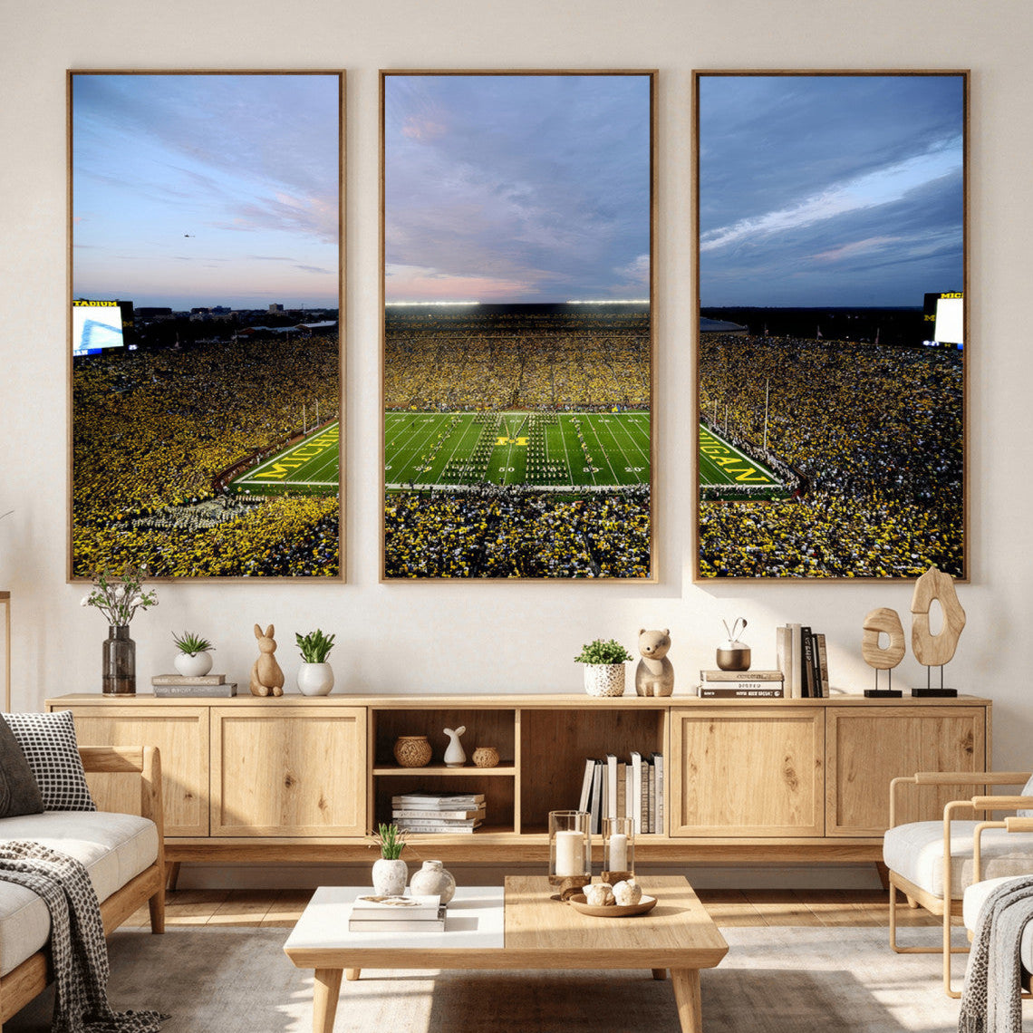 82641-MGV-CV-36X24 - Michigan Stadium Wall Art Canvas Print, Vibrant Game Day Crowd and Sunset Sky Football Field Artwork for Home, Office