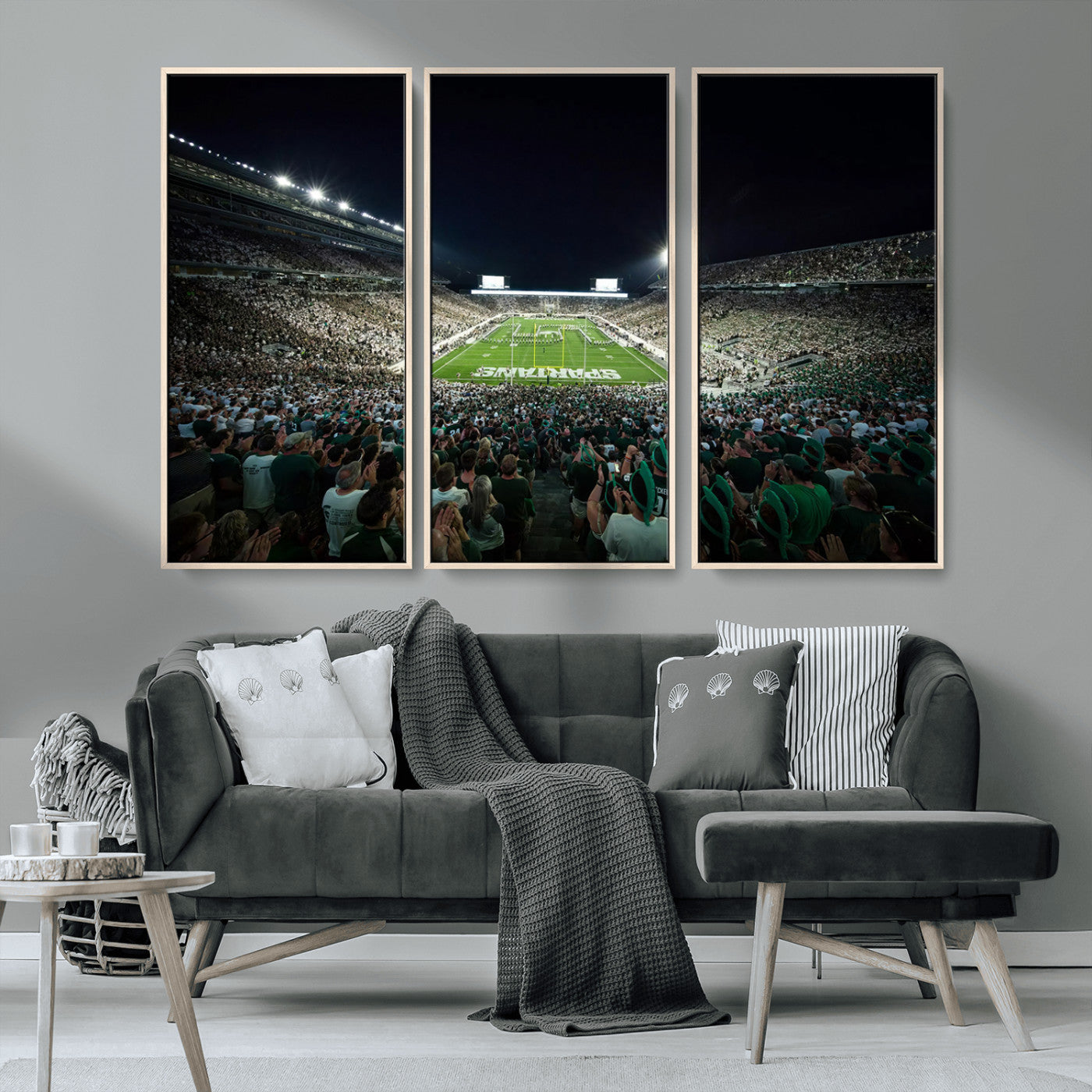 MGV-FC-48X32-3P - Framed Michigan State Spartans Football Team Print - East Lansing Spartan Stadium Wall Art Canvas