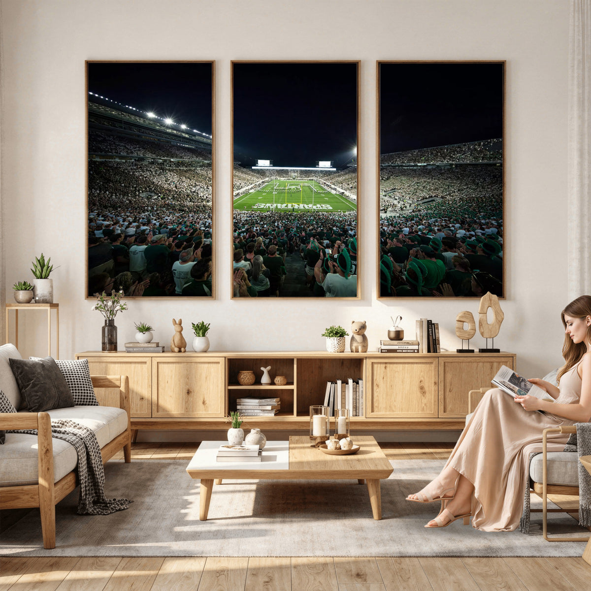 57523-PAN-FL-20X10 - Framed Michigan State Spartans Football Team Print - East Lansing Spartan Stadium Wall Art Canvas