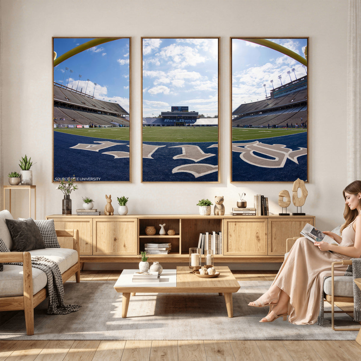 50267-MGV-CV-36X24 - Rice University Owls Football Team Print, Houston Rice Stadium, Framed and Ready to Hang