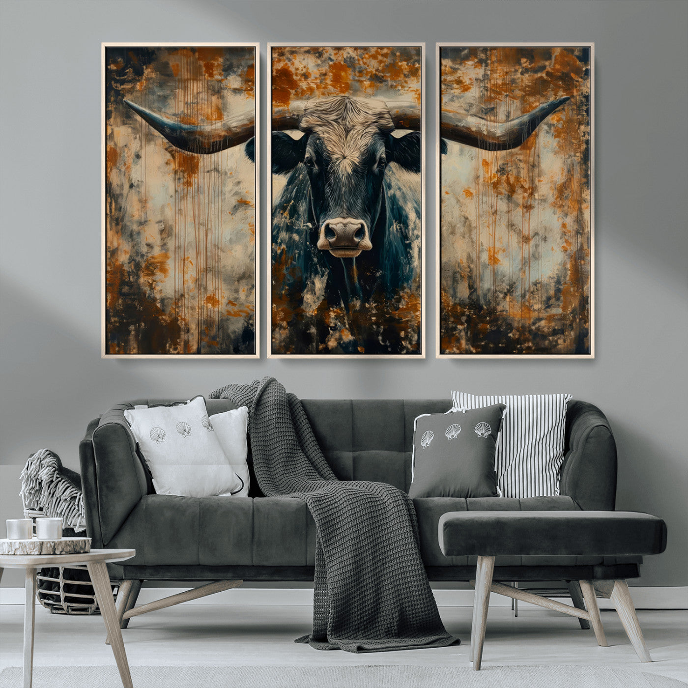 MGV-FC-48X32-3P - Abstract Longhorn Bull Wall Art | Rustic Western Wall Decor | Framed and Ready to Hang | Ideal for
