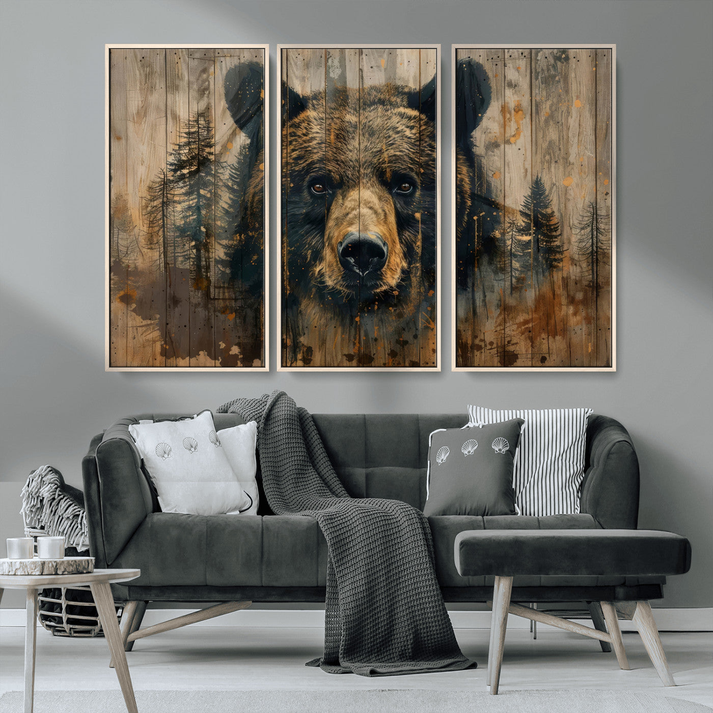 MGV-FC-48X32-3P - Abstract 399 Bear Wall Art | Rustic Cabin Wall Decor with Forest Design | Framed and Ready to Hang |