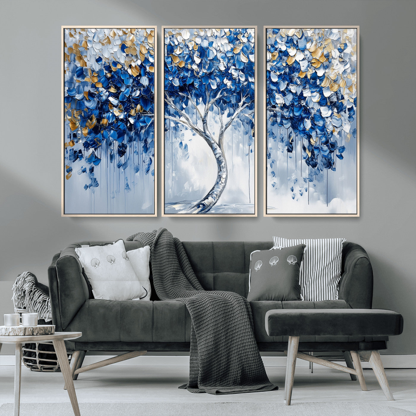 MGV-FC-48X32-3P - Blue and Gold Abstract Tree Wall Art Canvas Print | Modern Tree of Life Painting | Framed Canvas