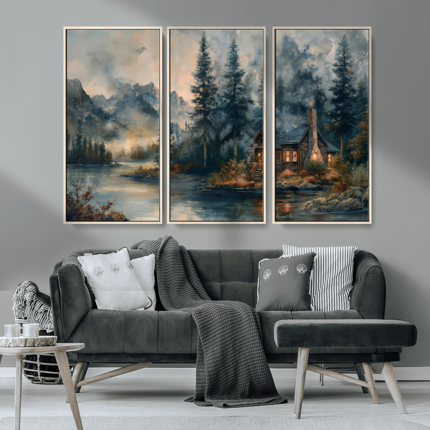 MGV-FC-48X32-3P - Rustic Cabin Woods Wall Art Print | Lake in a Forest Canvas Print | Cabin, Lodge, and Farmhouse