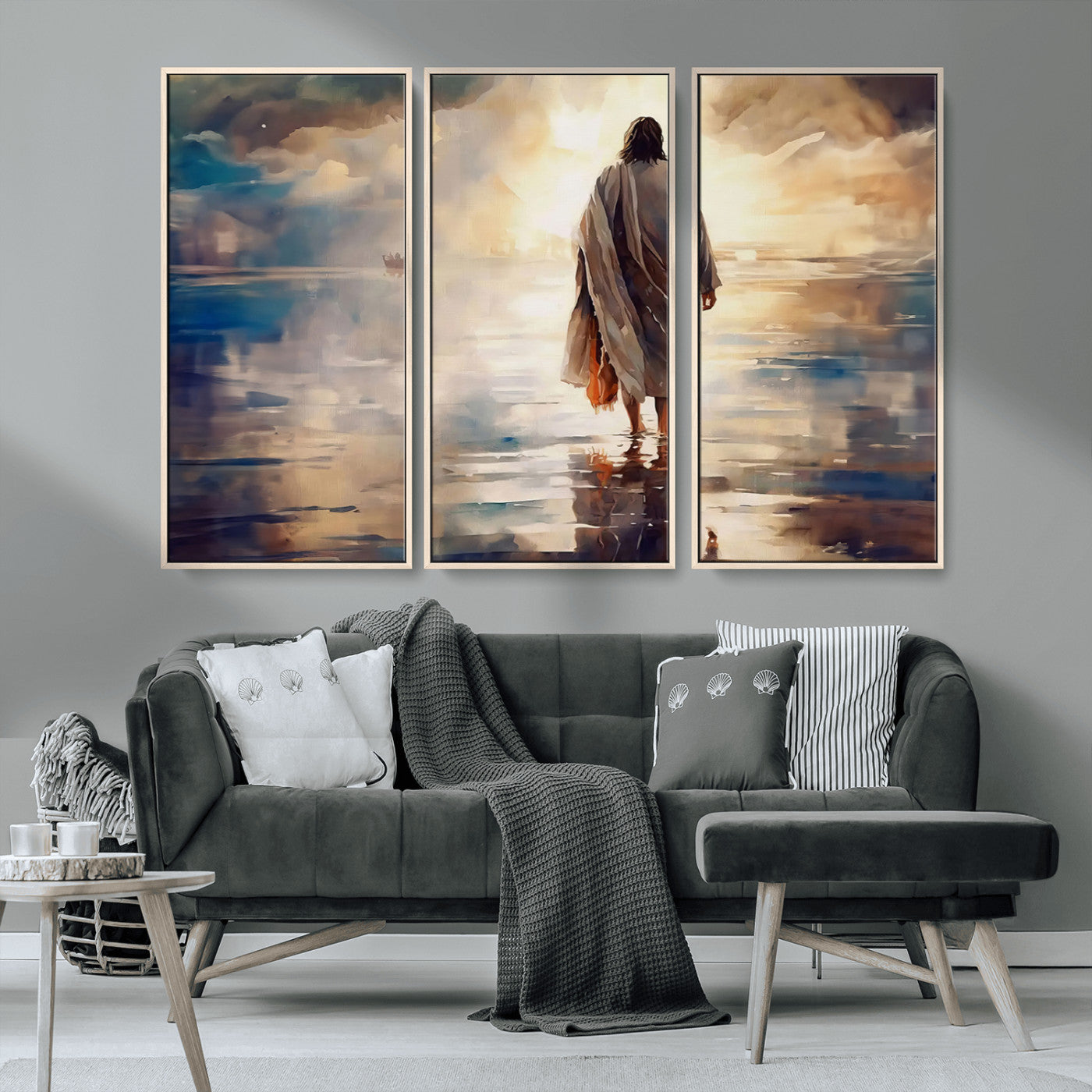 MGV-FC-48X32-3P - Jesus Walking on Water Wall Art | Ready to Hang Spiritual Triptych Canvas Print | Inspirational