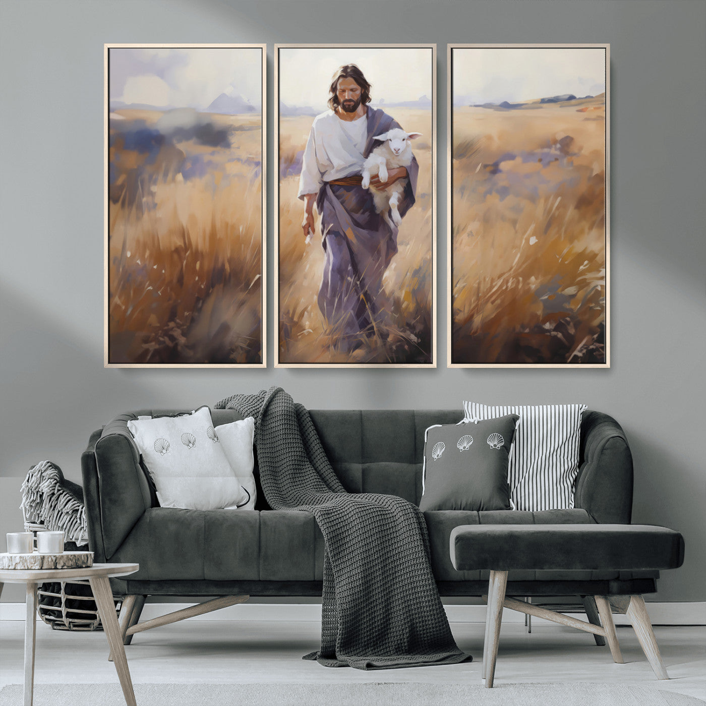 MGV-FC-48X32-3P - Jesus the Good Shepherd Wall Art Canvas Print - Lost Lamb Print for Prayer Room Decor