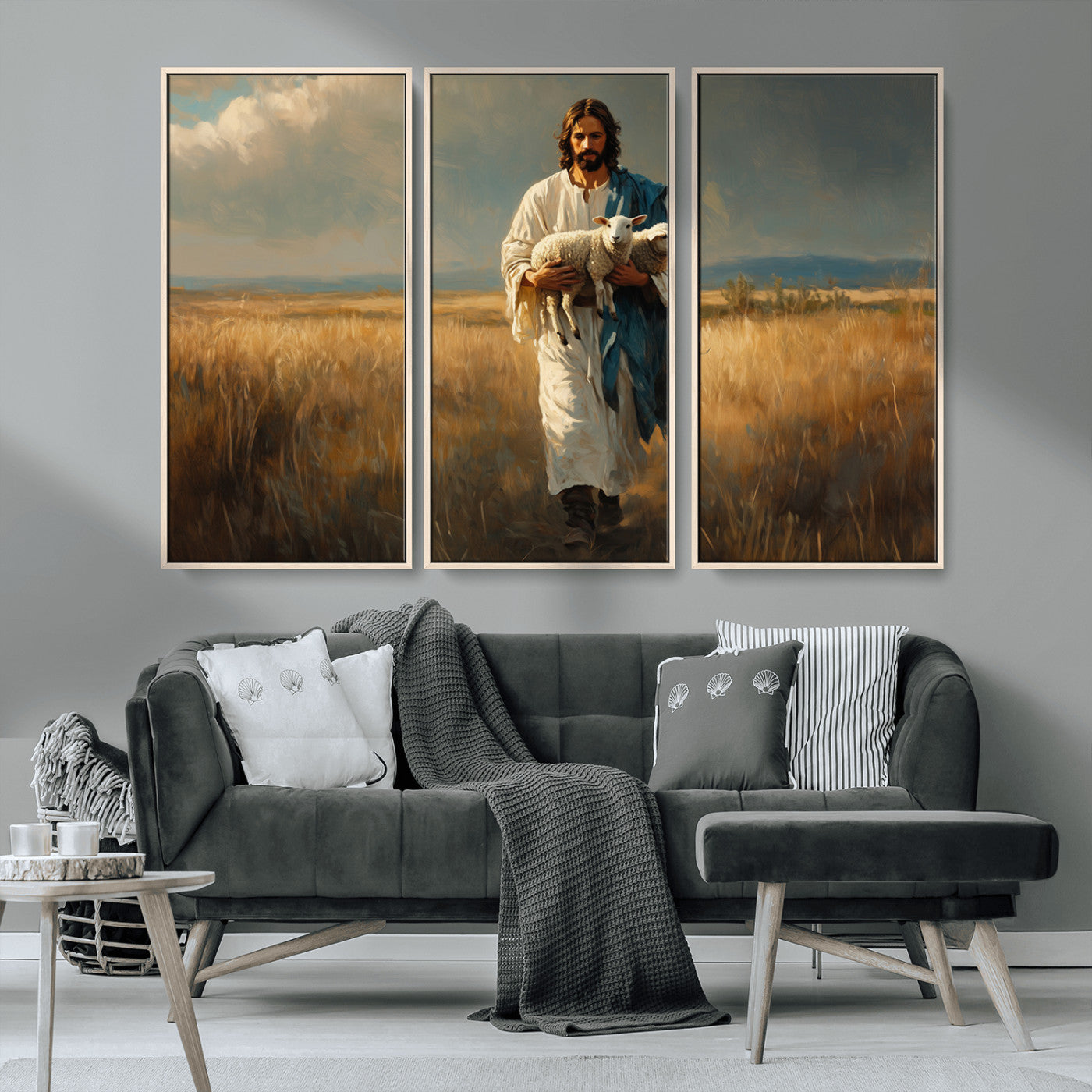 MGV-FC-48X32-3P - Jesus Shepherd Wall Art | Ready to Hang Triptych Canvas of Jesus Holding a Lamb in a Field |