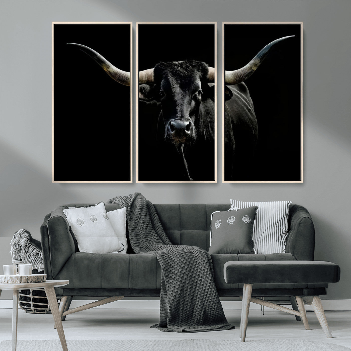MGV-FC-48X32-3P - Texas Black Longhorn Bull Wall Art Canvas Print - Western Texas Cattle Rustic Decor Print - Longhorn