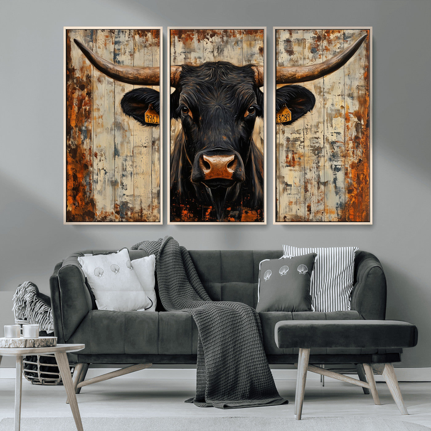 MGV-FC-48X32-3P - Rustic Texas Artwork Wall Art Canvas Print - Abstract Cow Longhorn Bull Wall Art Canvas Print