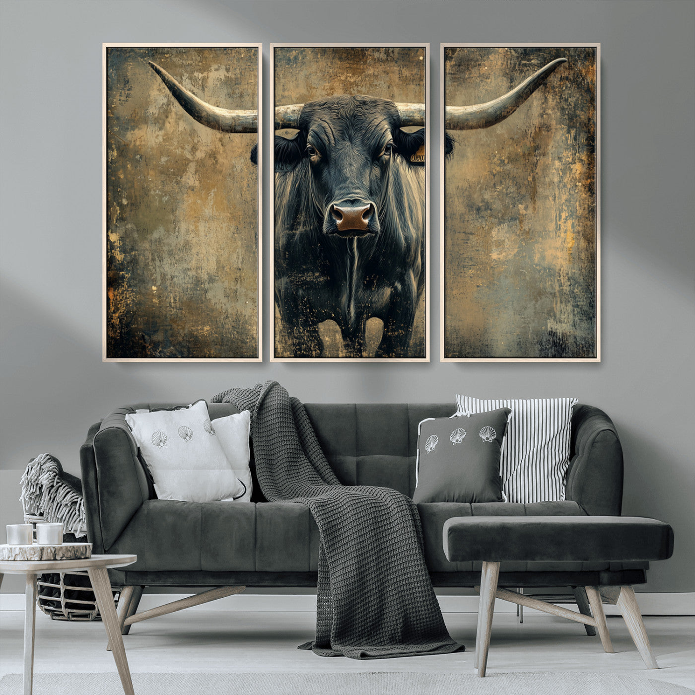 MGV-FC-48X32-3P - Longhorn Bull Wall Art Canvas Print, Framed Rustic Cow Art Picture Print, Texas Longhorn Perfect Western Decor Artwork