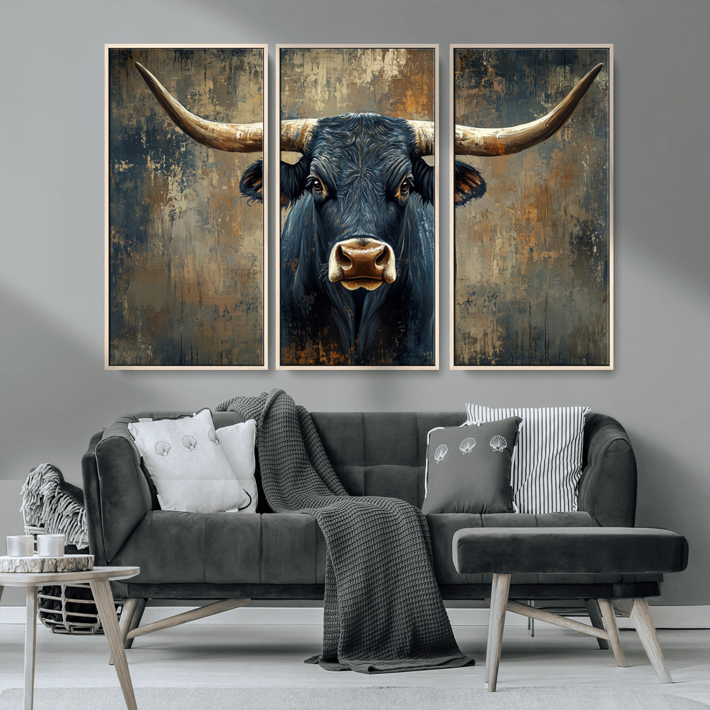 MGV-FC-48X32-3P - Texas Western Wall Art Canvas Print - Abstract Cow Longhorn Bull Wall Art Canvas Print - Rustic Cow
