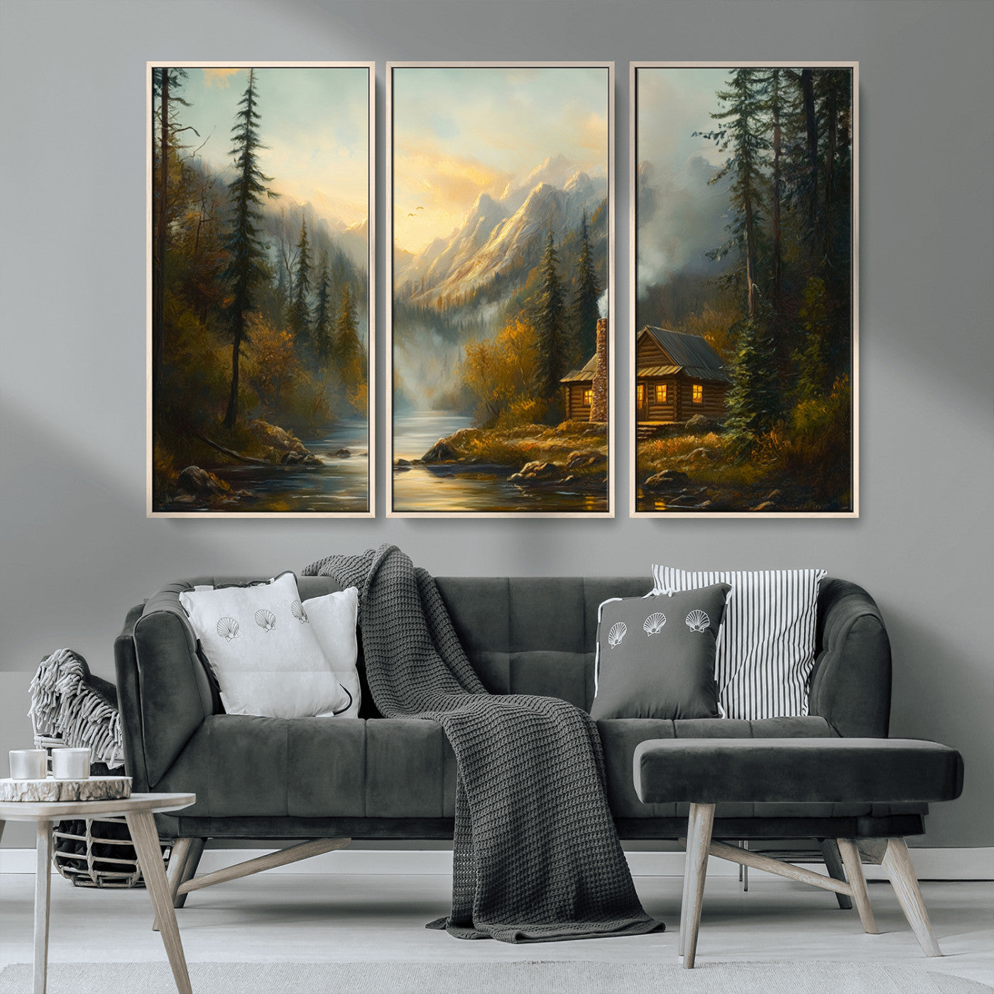 MGV-FC-48X32-3P - Wood Cabin Retreat Mountain at Sunset Wall Art Print - Serene Forest and River Landscape Wall Art